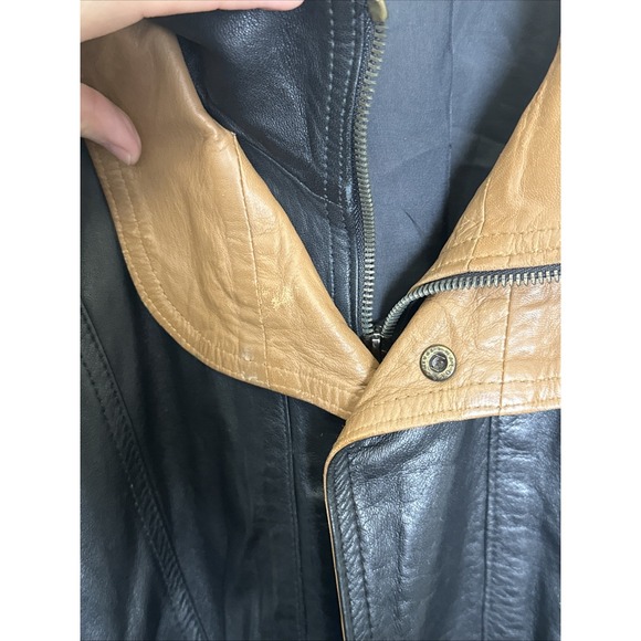 St Croix Shop Brown Black Two Tone Leather Double Collar Bomber Jacket 2XL Sz 50 - Picture 4 of 13